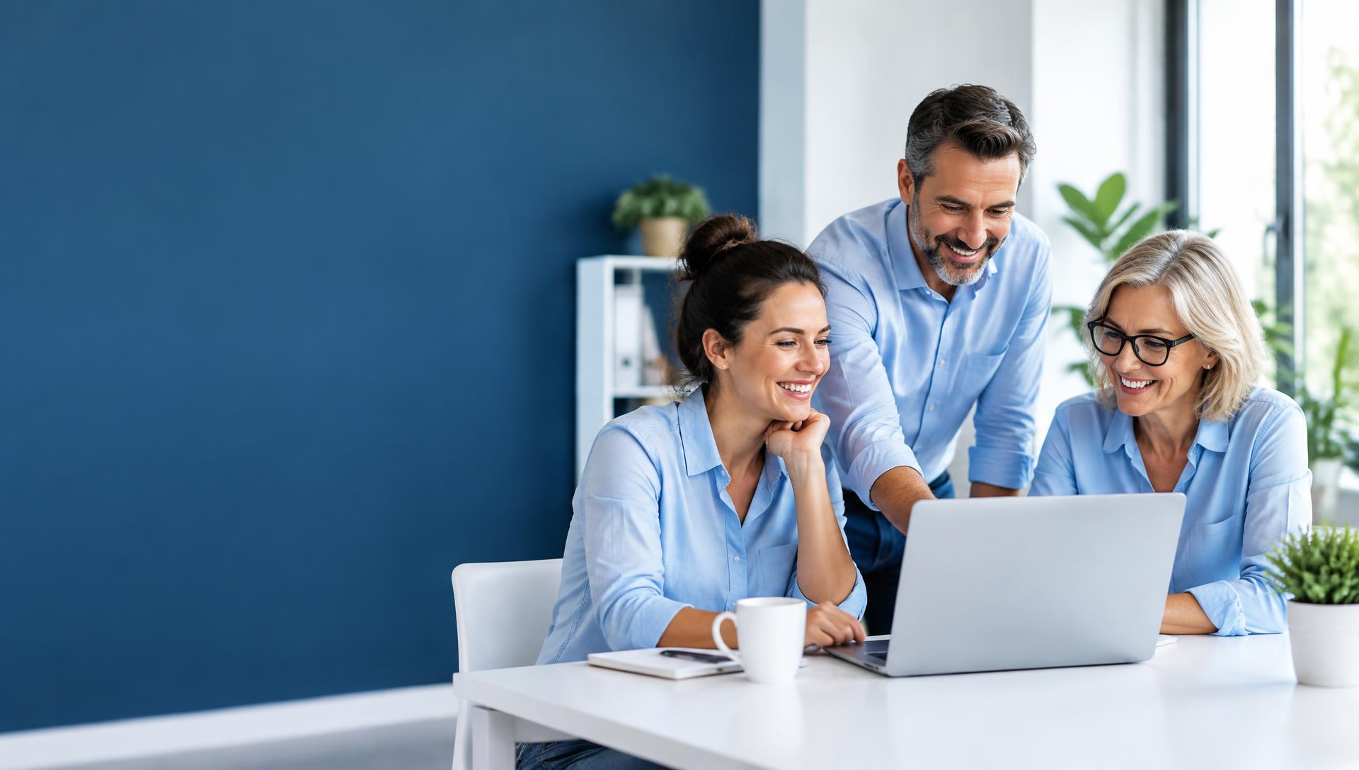 Drei glückliche Menschen besprechen gemeinsam ihre Planung am Laptop